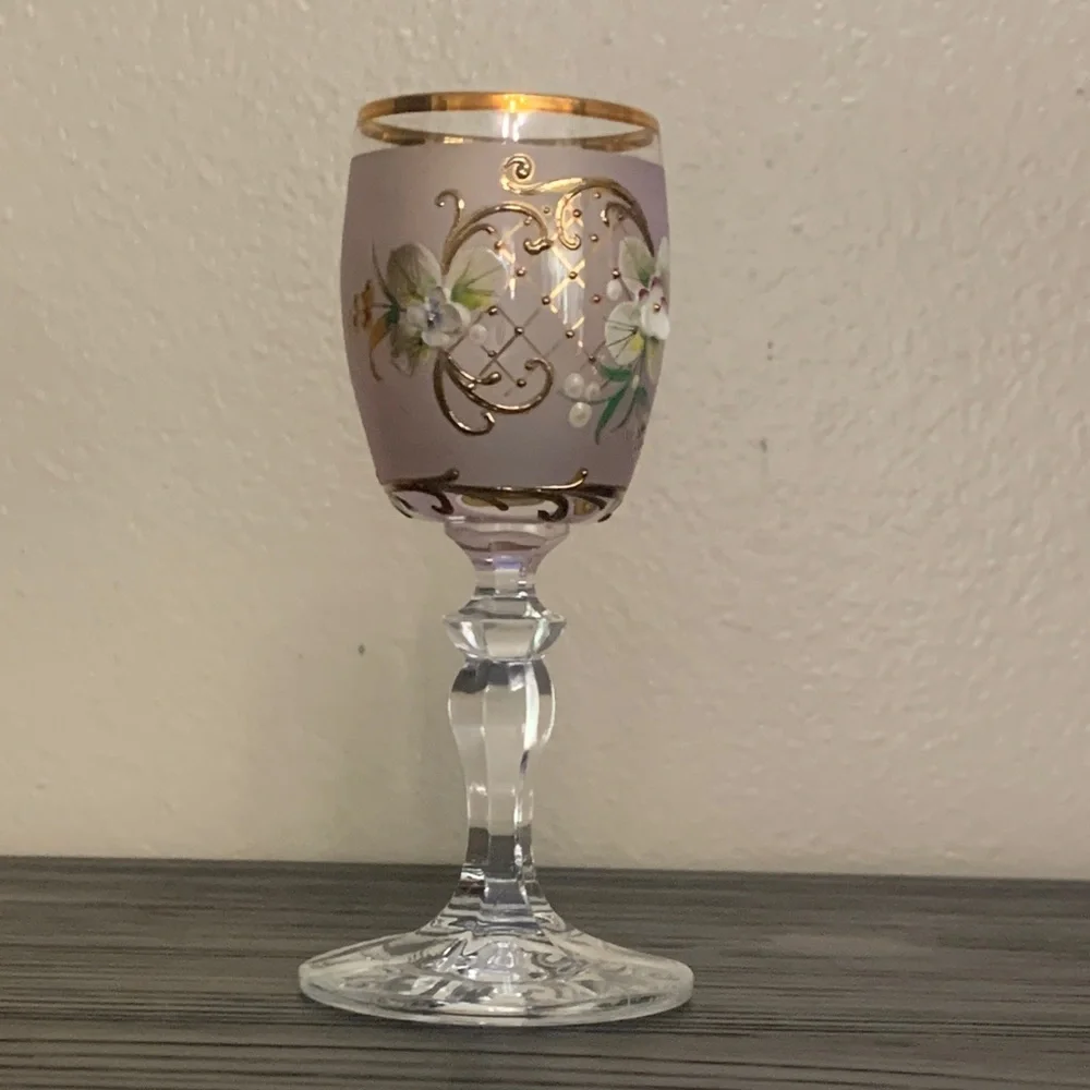 Elegant Russian Gold and Purple Floral cordial small Wine Glass more avail